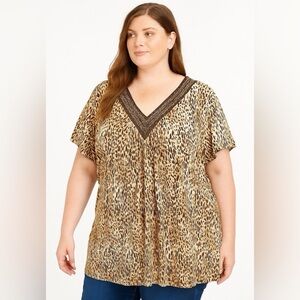 Jaclyn Smith Womens 3X Top Brown Beaded Animal Print Accent Flutter Short Sleeve